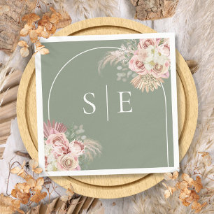 Serviette En Papier Boho Sage Green Pampas Grass Arche Monogram Napkin