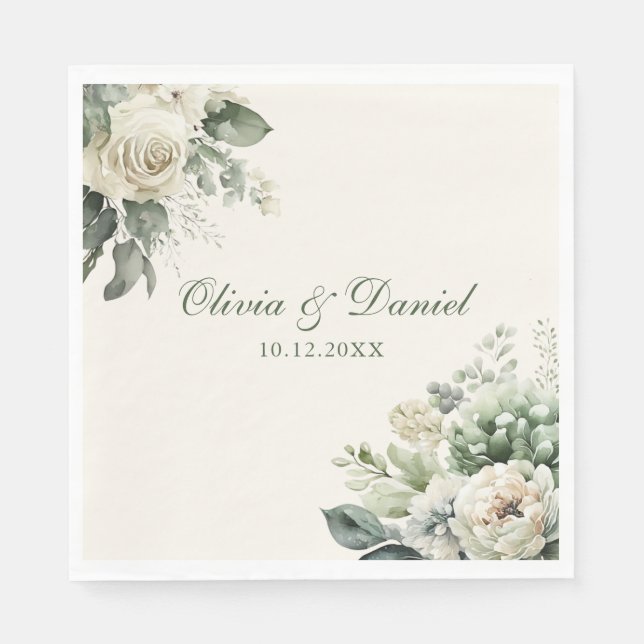 Serviette En Papier Boho Sage vert et Mariage de fleurs d'ivoire (Devant)