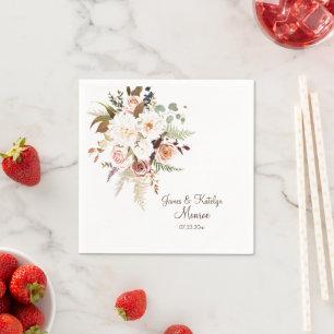 Serviette En Papier Boho Soft Coloured Rose/White Flowers Mariage