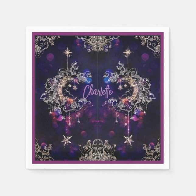 Serviette En Papier Boho Stars & Moon Purple Ajouter Nom Anniversaire (Devant)