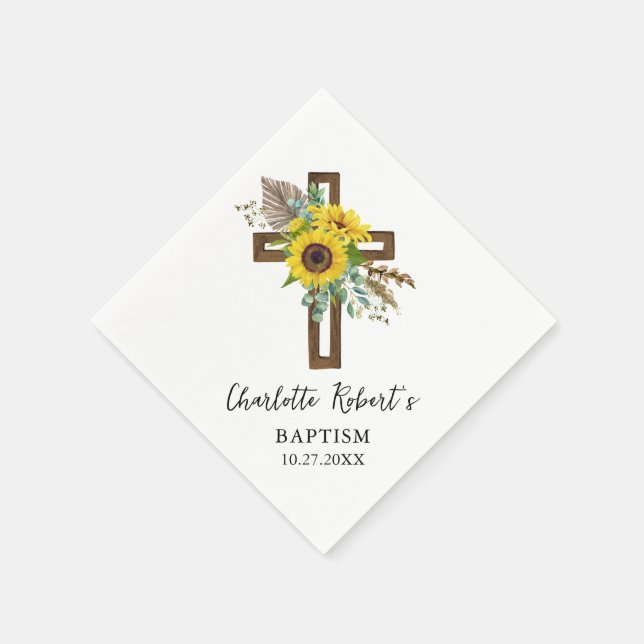 Serviette En Papier Boho Sunflower & Eucalyptus Rustic Cross Baptême (Coin)