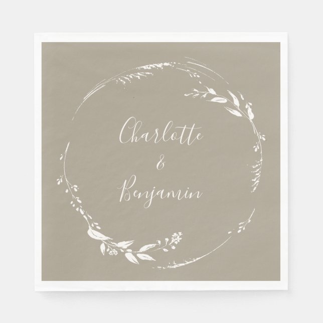 Serviette En Papier Boho Taupe Floral Wreath Calligraphie personnalisé (Devant)