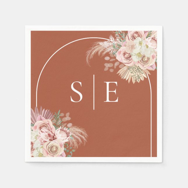 Serviette En Papier Boho Terracotta Pampas Arche en herbe Monogramme N (Devant)