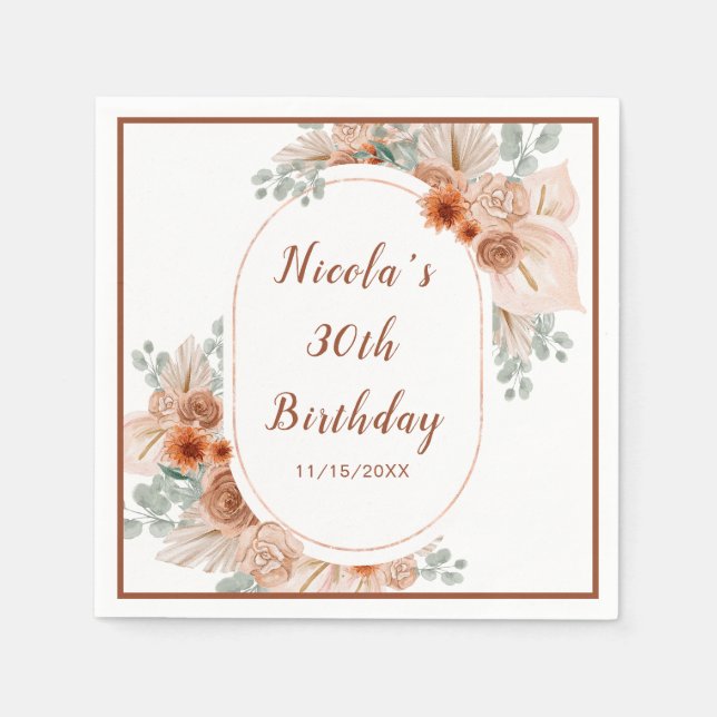 Serviette En Papier Boho Terracotta Pampas Grass Anniversaire (Devant)