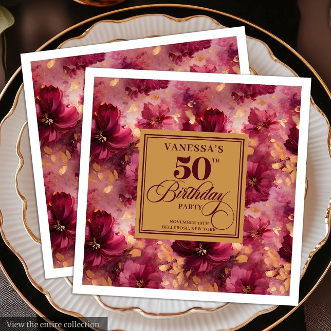 Serviette En Papier Boho Trendy Dark Red Blush Gold 50e anniversaire (Trendy Boho Dark Red Blush Gold 50th Birthday Paper Dinner Napkins )