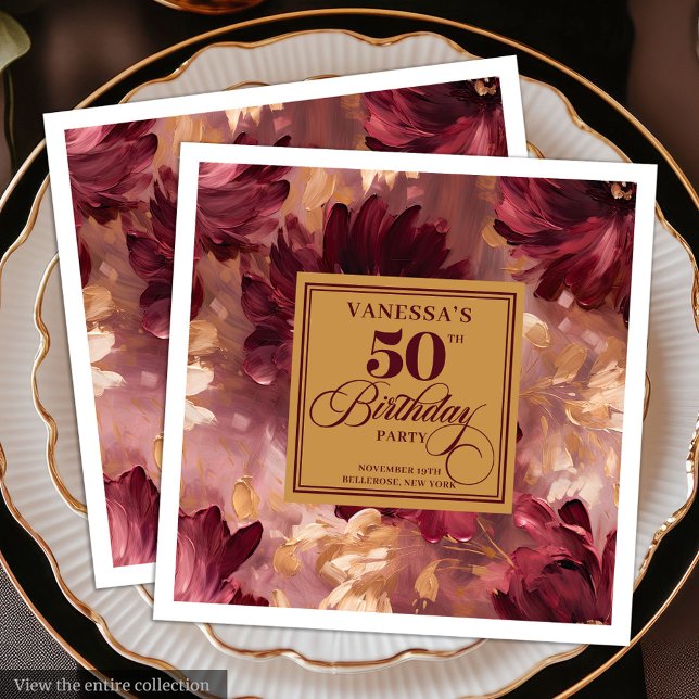 Serviette En Papier Boho Trendy Dark Red Blush Gold 50e anniversaire (Trendy Boho Dark Red Blush Gold 50th Birthday Paper Dinner Napkins)