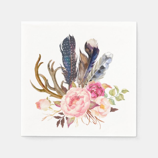 Serviette En Papier Boho Tribal Chic Feathers et Rose Napkin (Devant)