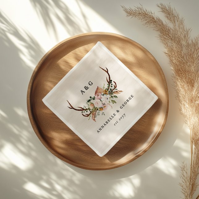 Serviette En Papier Boho Wedding Rustic Antler Floral Wedding Monogram (Créateur téléchargé)
