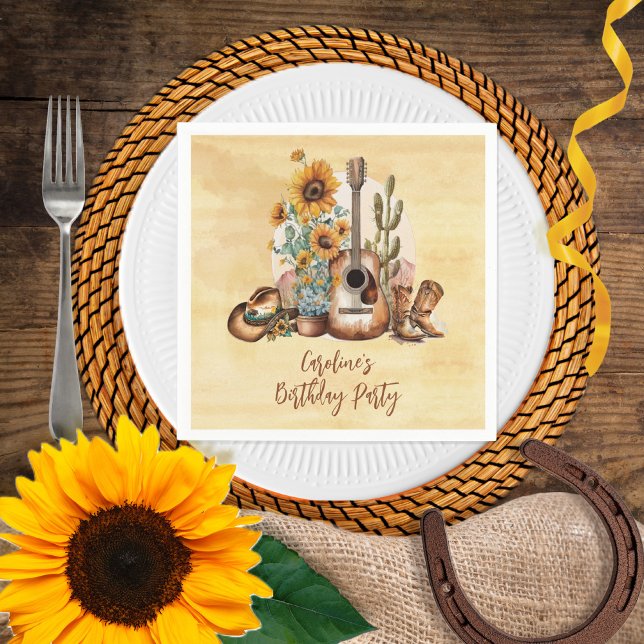 Serviette En Papier Boho Western Guitare Tournesols fête d'anniversair (Créateur téléchargé)