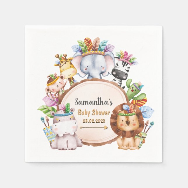 Serviette En Papier Boho Wild Giraffe Zebra Elephant Baby shower (Devant)