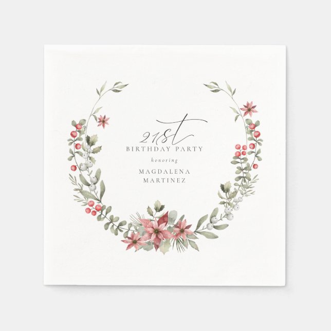 Serviette En Papier Boho Winter Greenery Red Floral 21e anniversaire (Devant)