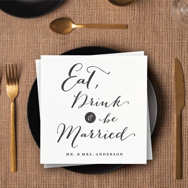 Serviette En Papier Boire et être marié Script Calligraphie Mariage ('Eat Drink & Be Married' Script Calligraphy Wedding Paper Napkins @ fatfatin_blue_knot)