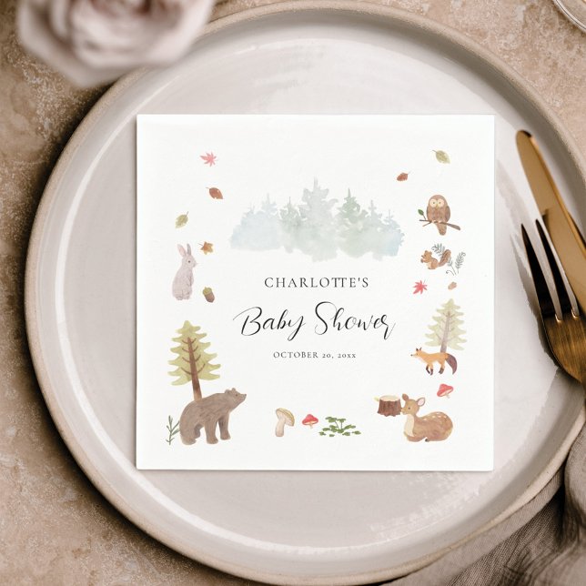 Serviette En Papier Bois Animaux Automne Baby shower automne Papier (Rustic Forest Animals Watercolor Baby Shower Paper Napkin)