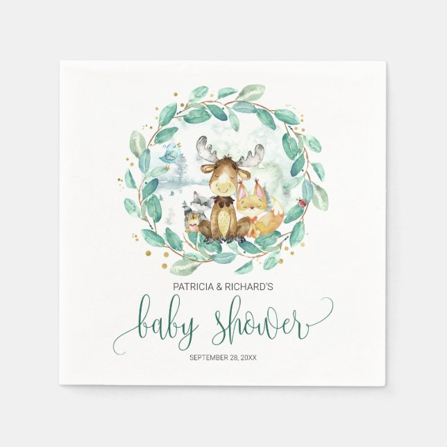 Serviette En Papier Bois Animaux Baby shower verdoyant (Devant)