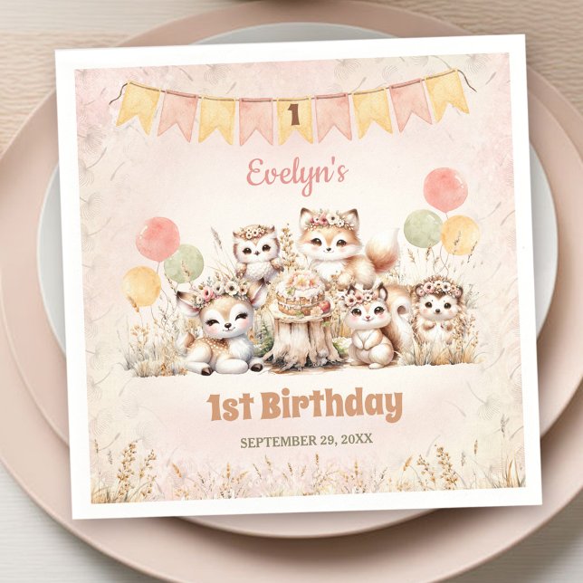 Serviette En Papier Bois Animaux Boho Pastel Girl 1er anniversaire (Woodland Animals Boho Pastel Girl 1st Birthday Napkins)