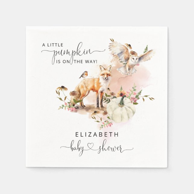Serviette En Papier Bois Animaux Citrouille Automne Baby shower floral (Devant)
