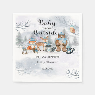 Serviette En Papier Bois Animaux Hiver Bleu Baby shower garçon