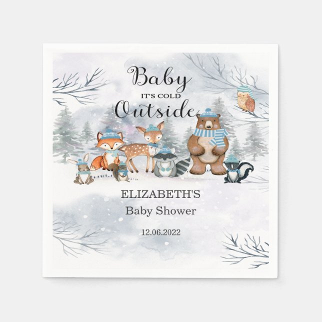Serviette En Papier Bois Animaux Hiver Bleu Baby shower garçon (Devant)
