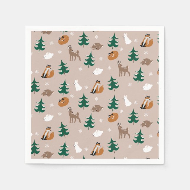 Serviette En Papier Bois Animaux Renard Cerf Lapin Snowflakes Arbres (Devant)