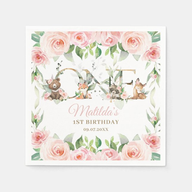 Serviette En Papier Bois Animaux Rose Floral Girl 1er anniversaire (Devant)