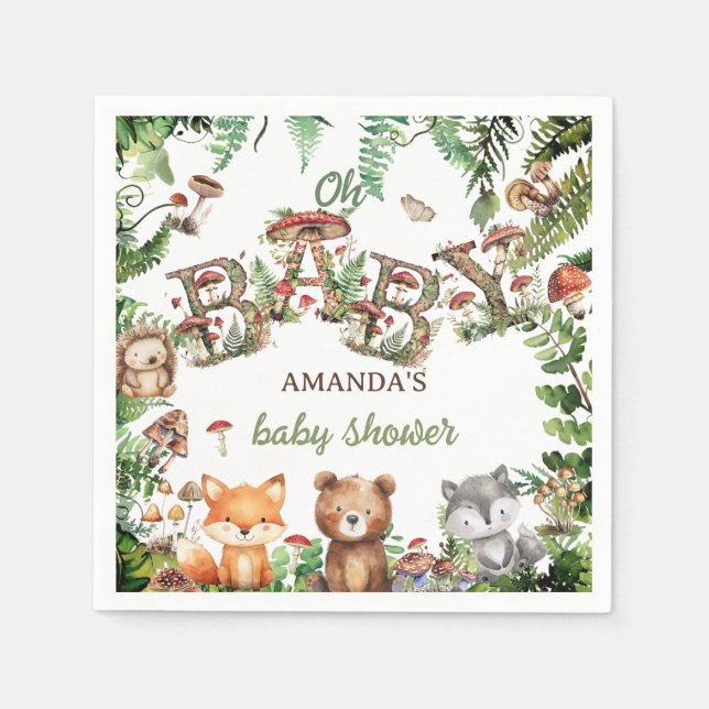 Serviette En Papier Bois Animaux rustiques Baby shower botanique (Devant)