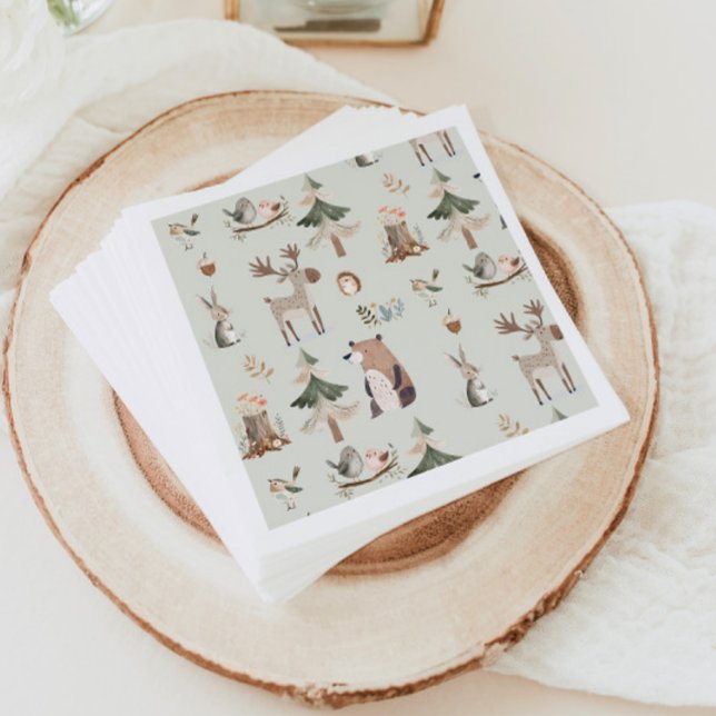 Serviette En Papier Bois animaux sauge vert Baby shower rustique (Créateur téléchargé)