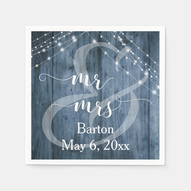 Serviette En Papier Bois bleu rustique, Chaînes lumineuses blanches Mr (Devant)