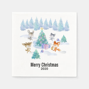 Serviette En Papier Bois dansantes Animaux de Noël Aquarelle