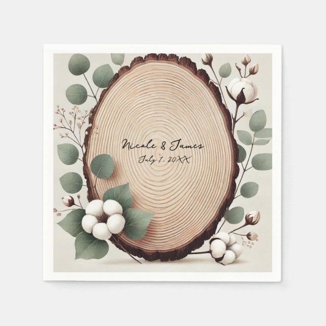 Serviette En Papier Bois de forêt Eucalyptus & Coton Mariage rustique (Devant)