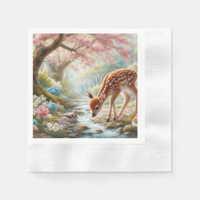 Serviette En Papier Bois de printemps avec canard et faon/cerf (Devant)