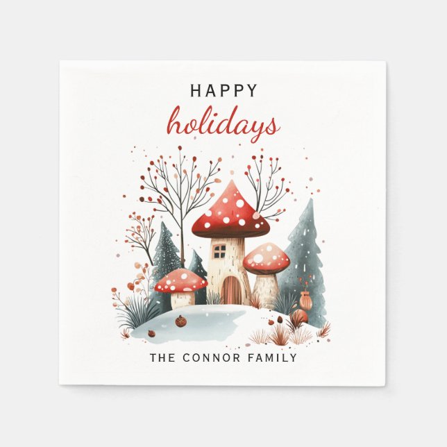 Serviette En Papier Bois d'hiver rouge et vert Joyeuses vacances (Devant)