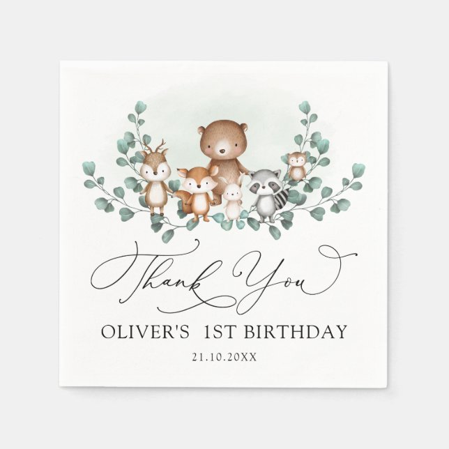 Serviette En Papier Bois Eucalyptus Végétaux Animaux Anniversaire Garç (Devant)