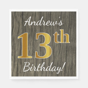 Serviette En Papier Bois Faux, Or Faux 13e Anniversaire + Nom Personna
