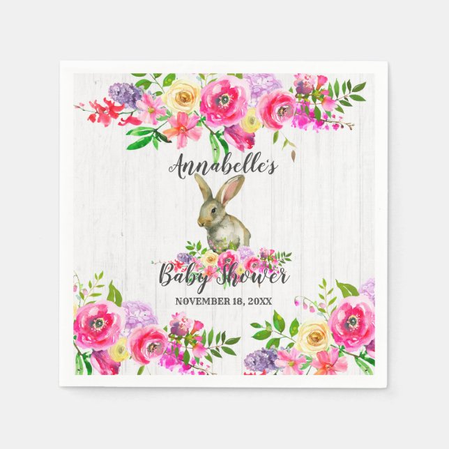 Serviette En Papier Bois Lapin Lapin Aquarelle Floral Babal Showe (Devant)