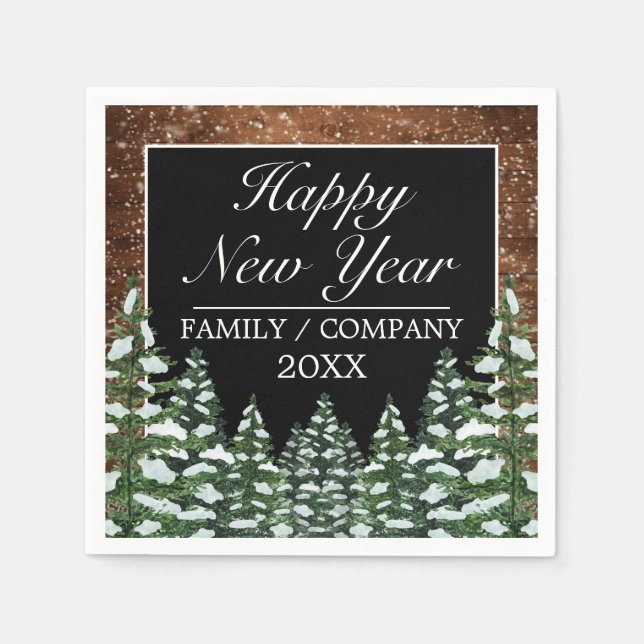 Serviette En Papier Bois neigeux noir et pin de la forêt Bonne année (Devant)