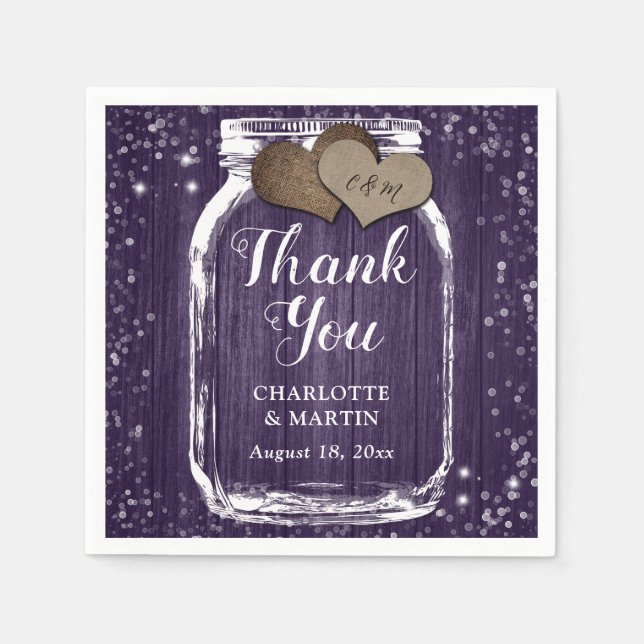 Serviette En Papier Bois pourpre Mason Jar Deux Coeurs Merci Mariage (Devant)