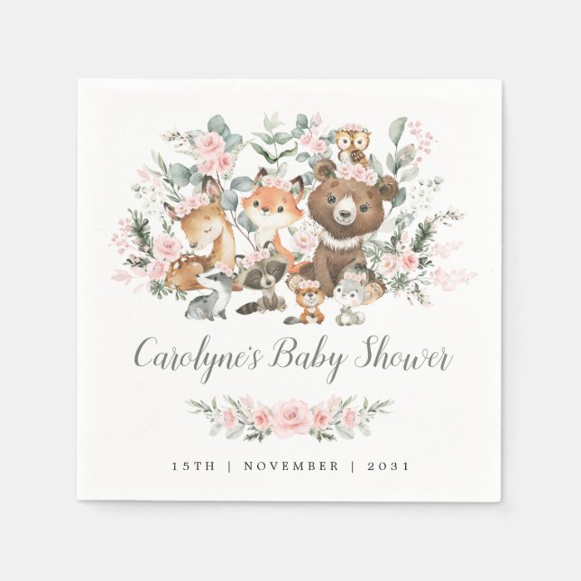 Serviette En Papier Bois rose doux Animaux Fille Baby shower (Devant)
