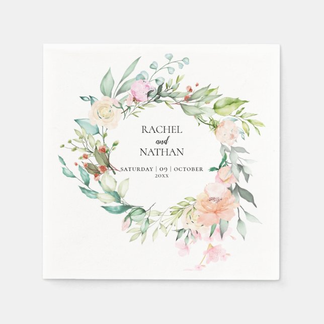 Serviette En Papier Bois Rose verdure Mariage fleuri (Devant)