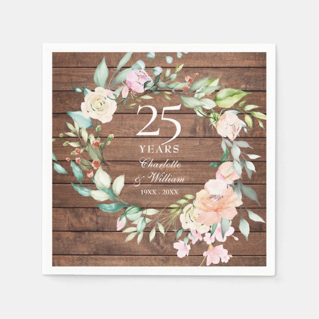 Serviette En Papier Bois rustique 25e anniversaire Mariage d'argent Fl (Devant)