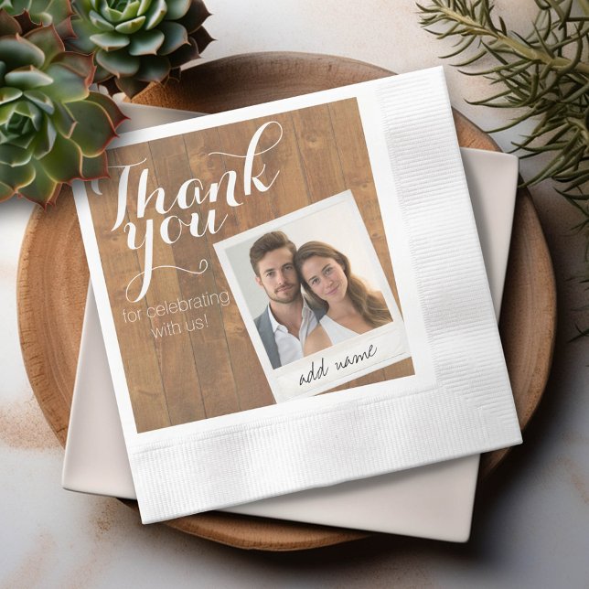 Serviette En Papier Bois rustique et cadre photo Mariage Merci (Custom Thank You Wedding Party Napkin with Photo)