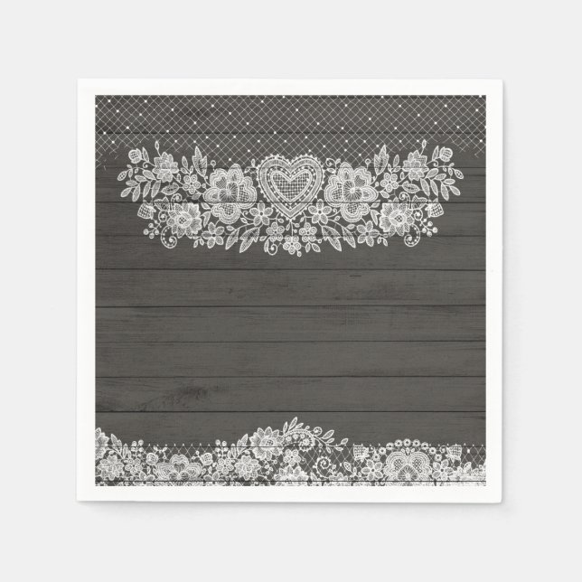 Serviette En Papier Bois rustique et dentelle blanche Élégance champêt (Devant)