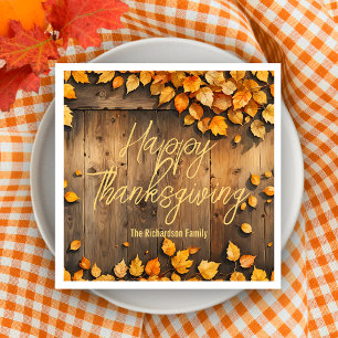 Serviette En Papier Bois Rustique Feuilles Jaunes d'Automne Joyeux Tha