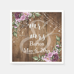 Serviette En Papier Bois rustique, Fleurs Lumineuses Blanches M & Mme