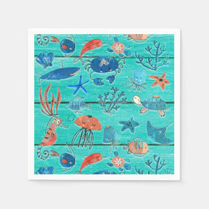 Serviette En Papier Bois sarcelle rustique & Amis fantaisistes sous la