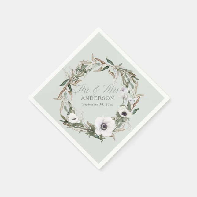 Serviette En Papier Bois vert Mariage Floral Anémone Aquarelle (Coin)