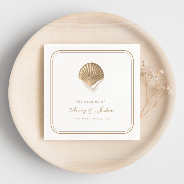 Serviette En Papier Boisson de mariage côtier Coquillage doré (Créateur téléchargé)
