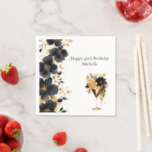 Serviette En Papier Boissons Florales Cocktail Or Noir 40e Anniversair
