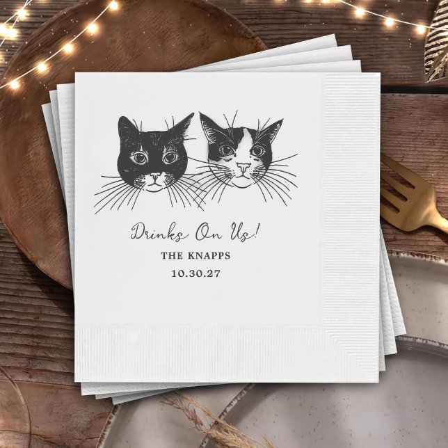 Serviette En Papier Boissons Offertes Mariage Sur Mesure Chat Dessiné (Créateur téléchargé)