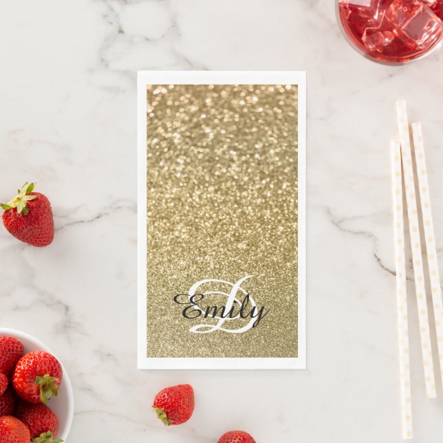 Serviette En Papier Bokeh Or Glitter Monogramme Noir et Blanc (En situation)