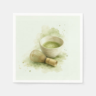 Serviette En Papier Bol en Matcha à l'aquarelle et Fouet en Bambou Ver